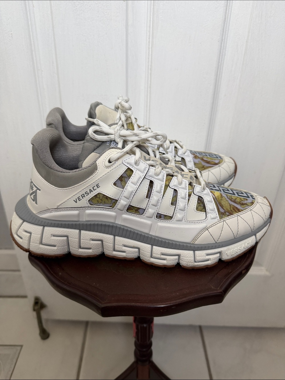 Versace White, Gray & Gold Patterned Women’s Chain-Detail Sneakers